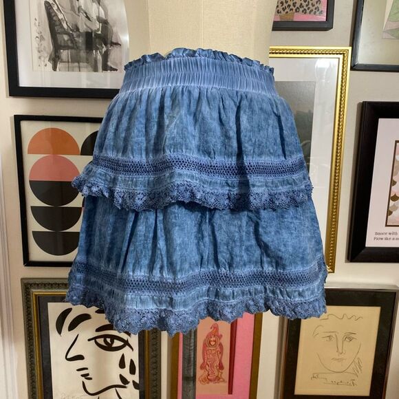 Katie J NYC Junior’s Size Medium Layered Ruffle Mini Skirt Blue Elastic Waist - Picture 2 of 6